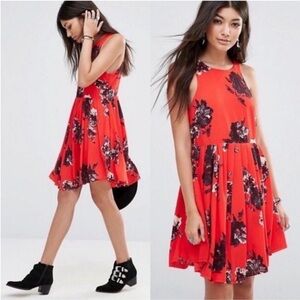 Free People Flutterby Floral Red Pleated Swing Mini Dress - Date Night
